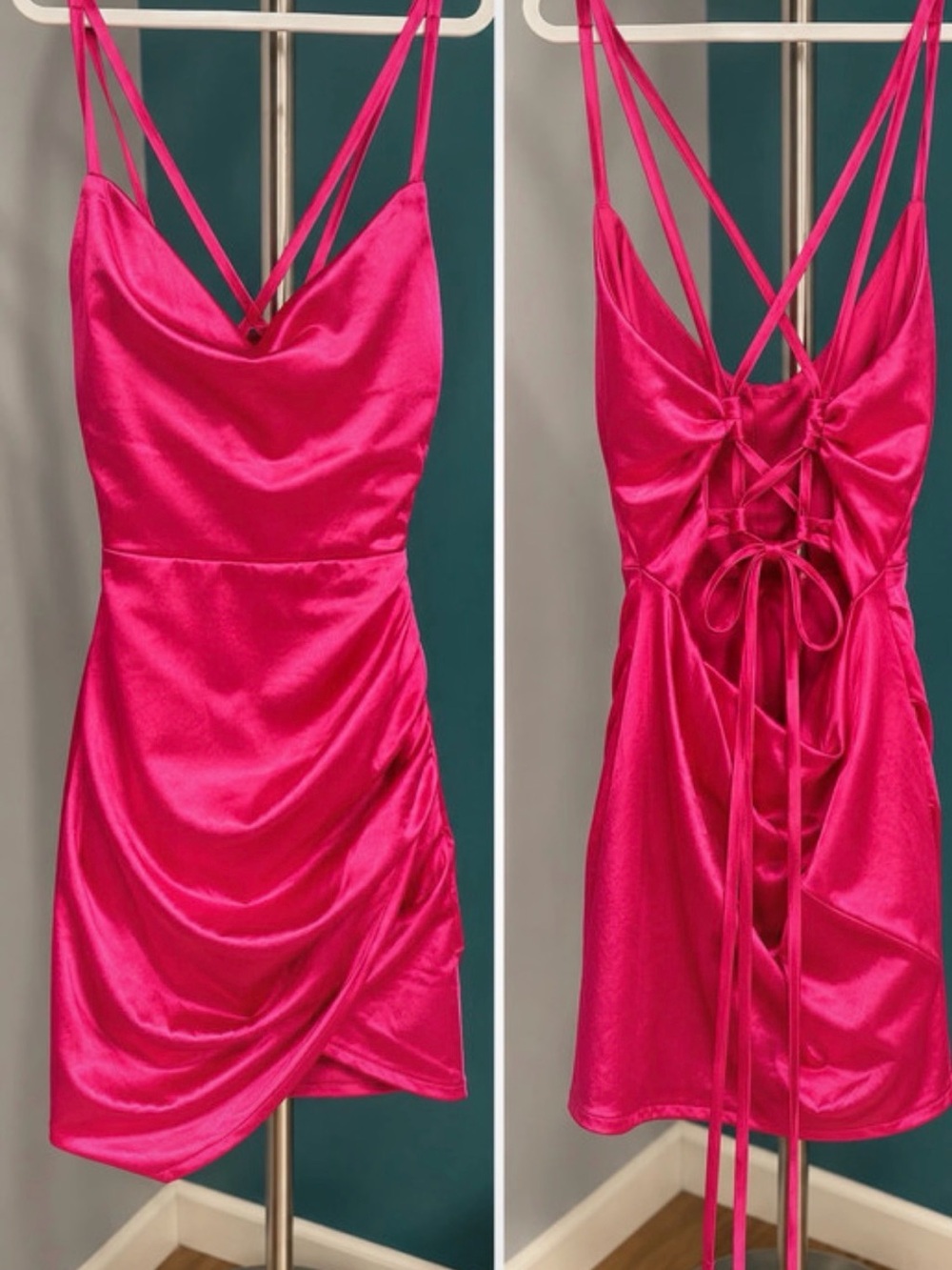 ASOS Hot Pink Satin Cowl Neck Mini Dress with Lace-Up Back